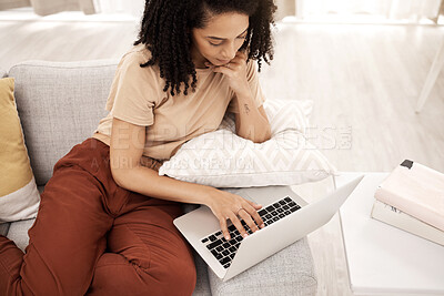 Buy stock photo Black woman, laptop and working from home or internet research for job or university, technology and email, online and connect. Website, browsing and connection while in living room and search web.