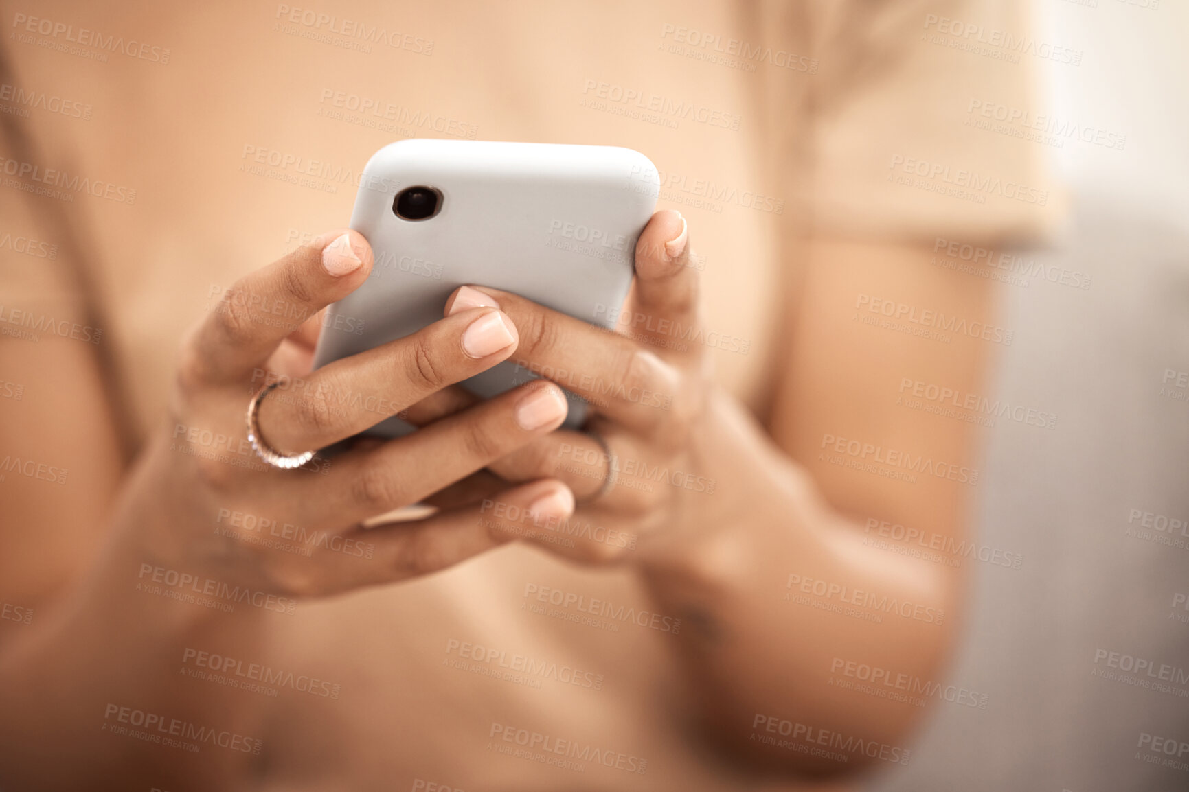 Buy stock photo Hands, phone and social media in communication, texting or chatting for conversation. Hand of woman using mobile smartphone for online text message, internet browsing or networking on mockup