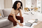 Woman, home phone call and documents for finance planning, online bank communication or startup management. Financial, invoice and quote with black woman talking on a smartphone, tablet and paperwork