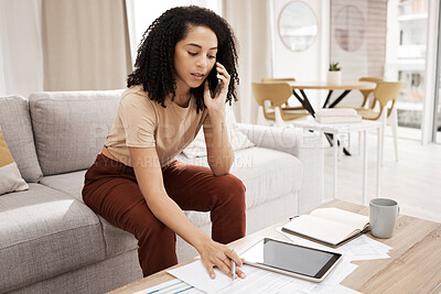 Buy stock photo Woman, home phone call and documents for finance planning, online bank communication or startup management. Financial, invoice and quote with black woman talking on a smartphone, tablet and paperwork