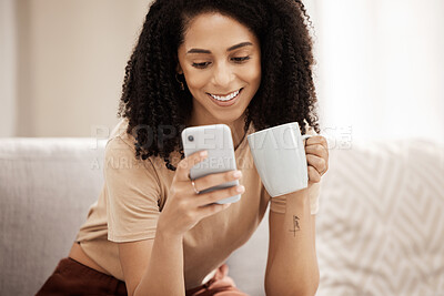 Buy stock photo Coffee, phone and woman relax on a sofa, texting, social media and chat in a living room, happy and smile. Tea, black woman and online chatting on a couch, laughing and internet search in her home