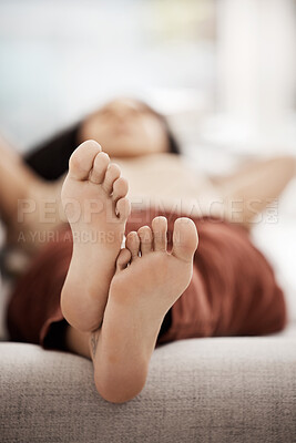 Buy stock photo Woman feet, relax and sleep on the sofa in home after work, rest and break on a friday in the house living room. Female relaxing, chilling and tired while sleeping in house, calm, quiet and lazy