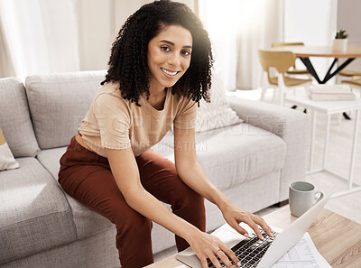 Buy stock photo Portrait, woman and laptop on a sofa and freelancer working on financial planning, budget and sales review in a living room. Remote work, black woman and startup documents, online and search for idea