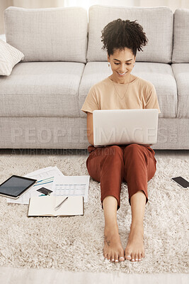Buy stock photo Remote work, black woman and home working of a woman on a computer planning a job schedule. Digital employee work on living room floor to plan online marketing research strategy in a house happy