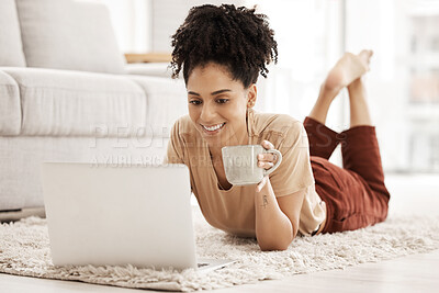 Buy stock photo Computer remote work, black woman and living room floor with morning coffee working on an email. African woman happy on wifi, laptop and technology job online with a smile in a living room house 