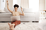 Black woman, laptop and happy with credit card, ecommerce and approved loan in lounge. Young female, lady and digital device for success, online banking and happiness with smile, joy and living room.