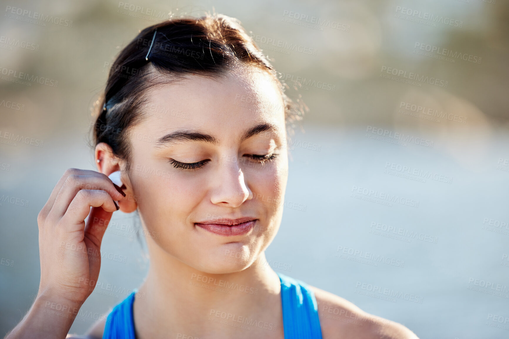 Buy stock photo Fitness, podcast and sports woman in headphones ready to start training, running exercise or cardio workout in nature. Runner, relaxing and happy girl in earphones listening or streaming radio music