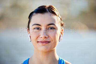 Buy stock photo Wellness, portrait and face of woman with earphones for streaming app, music or podcast on walk. Audio, happy and health of runner girl on break with wireless earphone tech in Canada zoom.

