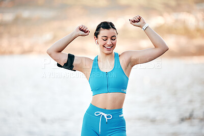 Fitness, happy and woman in nature with music dancing to celebrate training, exercise or workout progress. Smile, sports and healthy excited girl runner streaming radio or dance audio after running