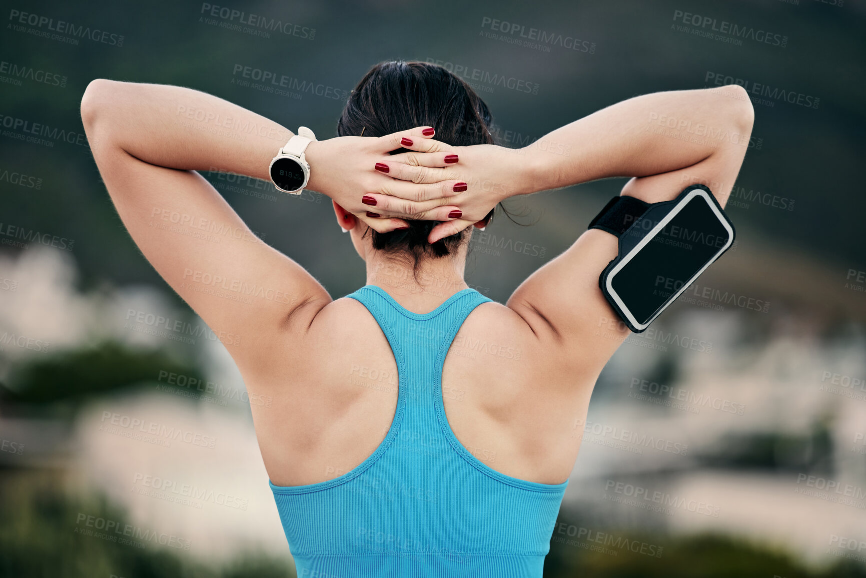 Buy stock photo Exercise, fitness and stretching outdoor in nature with strong muscle for health app for running and doing cardio training. Back of athlete runner in nature with goal, manicure and sport motivation