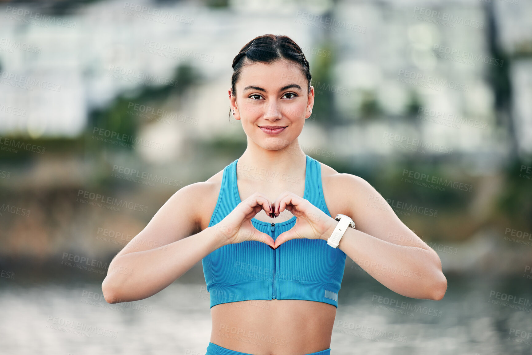 Buy stock photo Exercise, portrait and woman with heart hand for wellness, health and happiness on run rest. Runner, fitness and youth with love sign on workout break for self love, care and smile in nature.