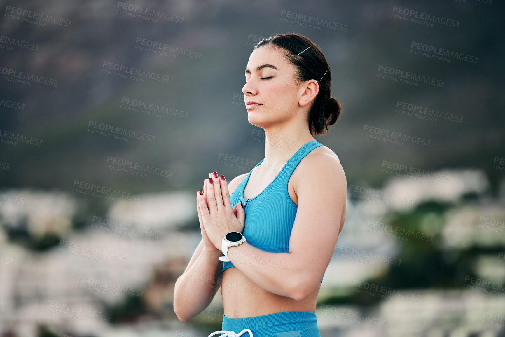 Buy stock photo Zen meditation, pray hands and woman outdoor for spiritual fitness, mental health and healthy faith exercise. Yoga, chakra wellness training and peace mindset motivation or mindfulness in nature