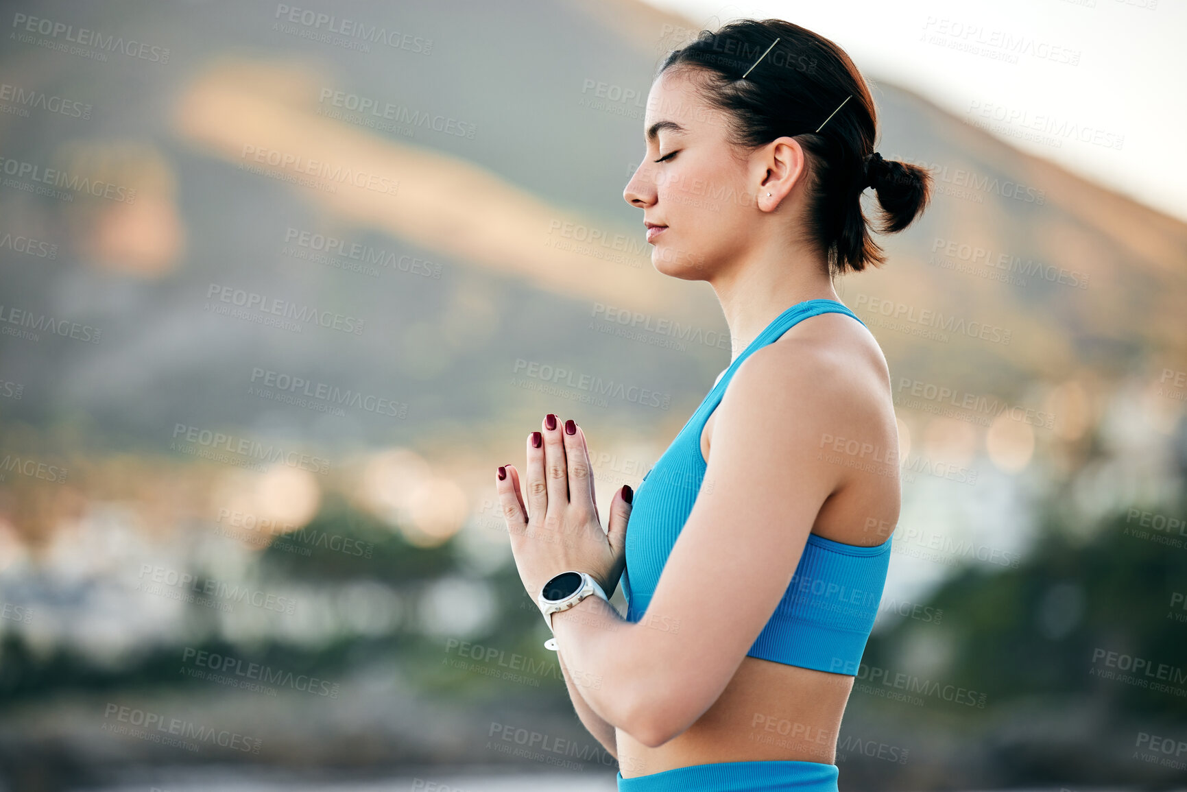 Buy stock photo Fitness, yoga and meditation with a woman outdoor in nature for zen, inner peace or balance for wellness. Health, freedom and mental health with a female athlete meditating outside with mockup