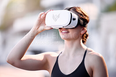 Virtual reality glasses, woman and outdoor game adventure with vr headset, ai software and metaverse technology, Gamer, digital gaming innovation and tech goggles for futuristic 3d cyber streaming