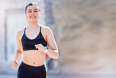 Buy stock photo Running, exercise and happiness with a woman outdoor for fitness, workout and cardio training in a city with free space, energy and commitment. Runner with a smile for sport, motivation and health