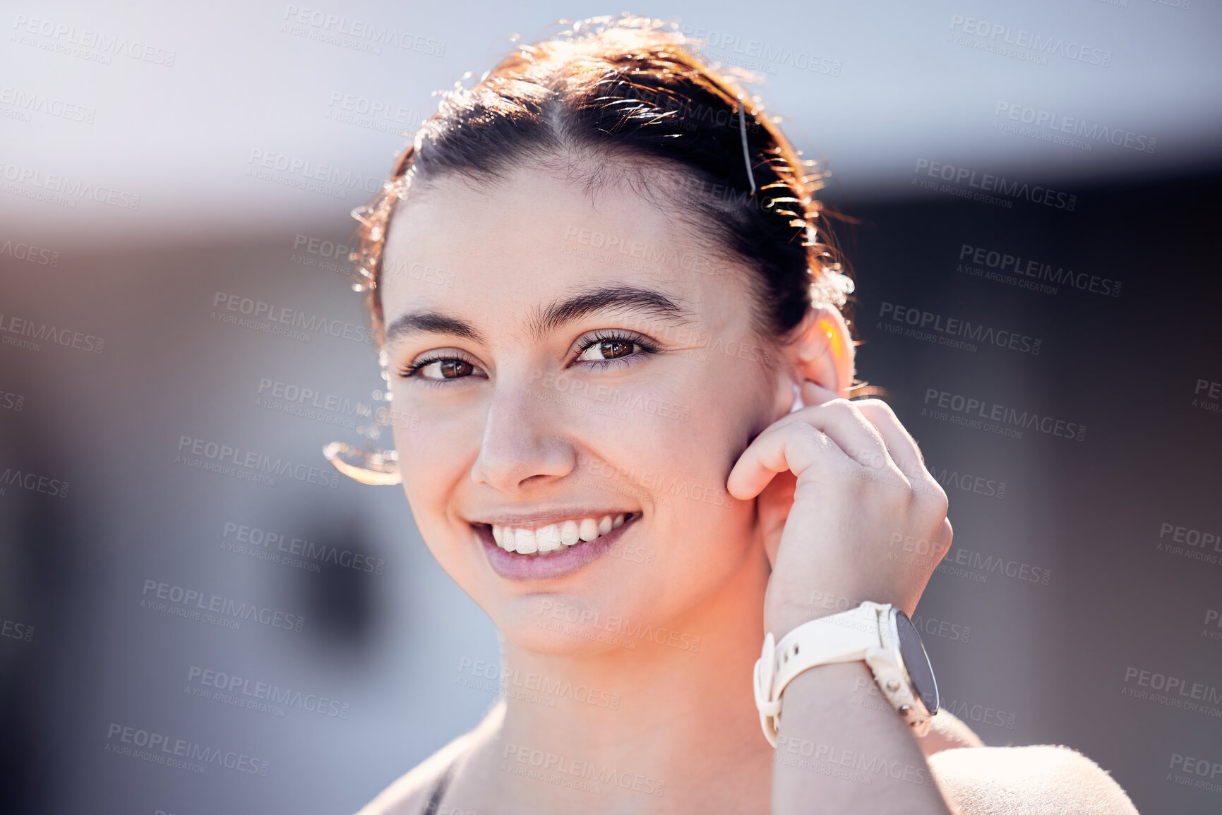 Buy stock photo Fitness, portrait and sports woman using headphones for music, podcast or motivation in running training in Los Angeles. Runner, face and happy girl athlete ready for a workout or exercise in summer