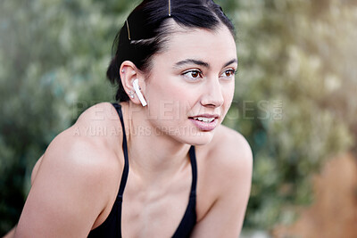 Buy stock photo Fitness, podcast and woman in nature tired from running exercise, cardio workout or training for wellness. Runner, breathing or sports girl with fatigue relaxing or resting on break in park in Miami