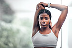 Black woman, arm or stretching in fitness, workout or training in muscle recovery, pain relief or healthcare wellness. Portrait, runner or sports athlete in warm up exercise or marathon running goals