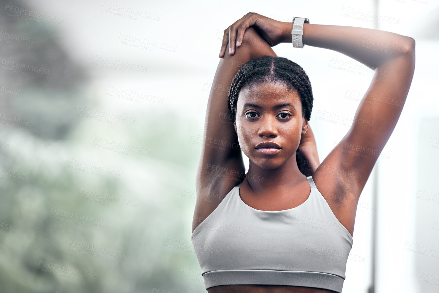 Buy stock photo Black woman, arm or stretching in fitness, workout or training in muscle recovery, pain relief or healthcare wellness. Portrait, runner or sports athlete in warm up exercise or marathon running goals