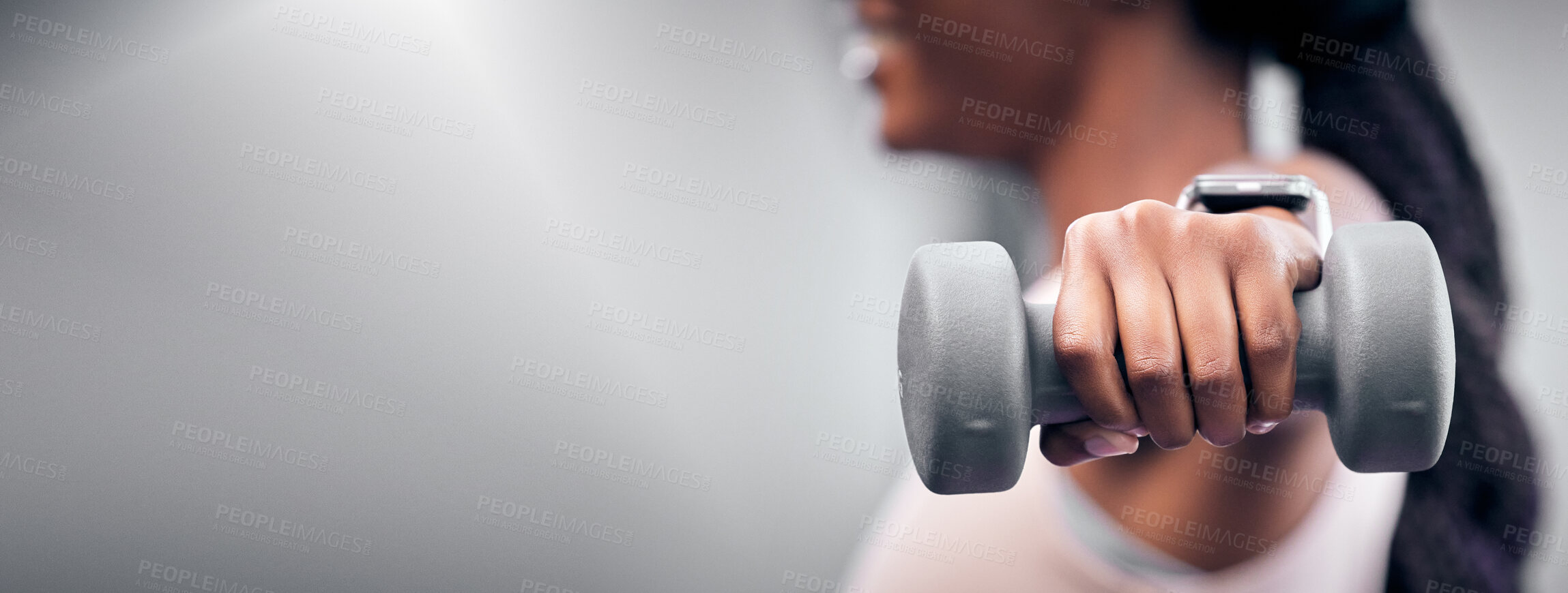 Buy stock photo Hand with dumbbell, fitness and strong black woman with exercise zoom and weightlifting mock up, workout and muscle building. Weight training closeup, sport and power with healthy active lifestyle.