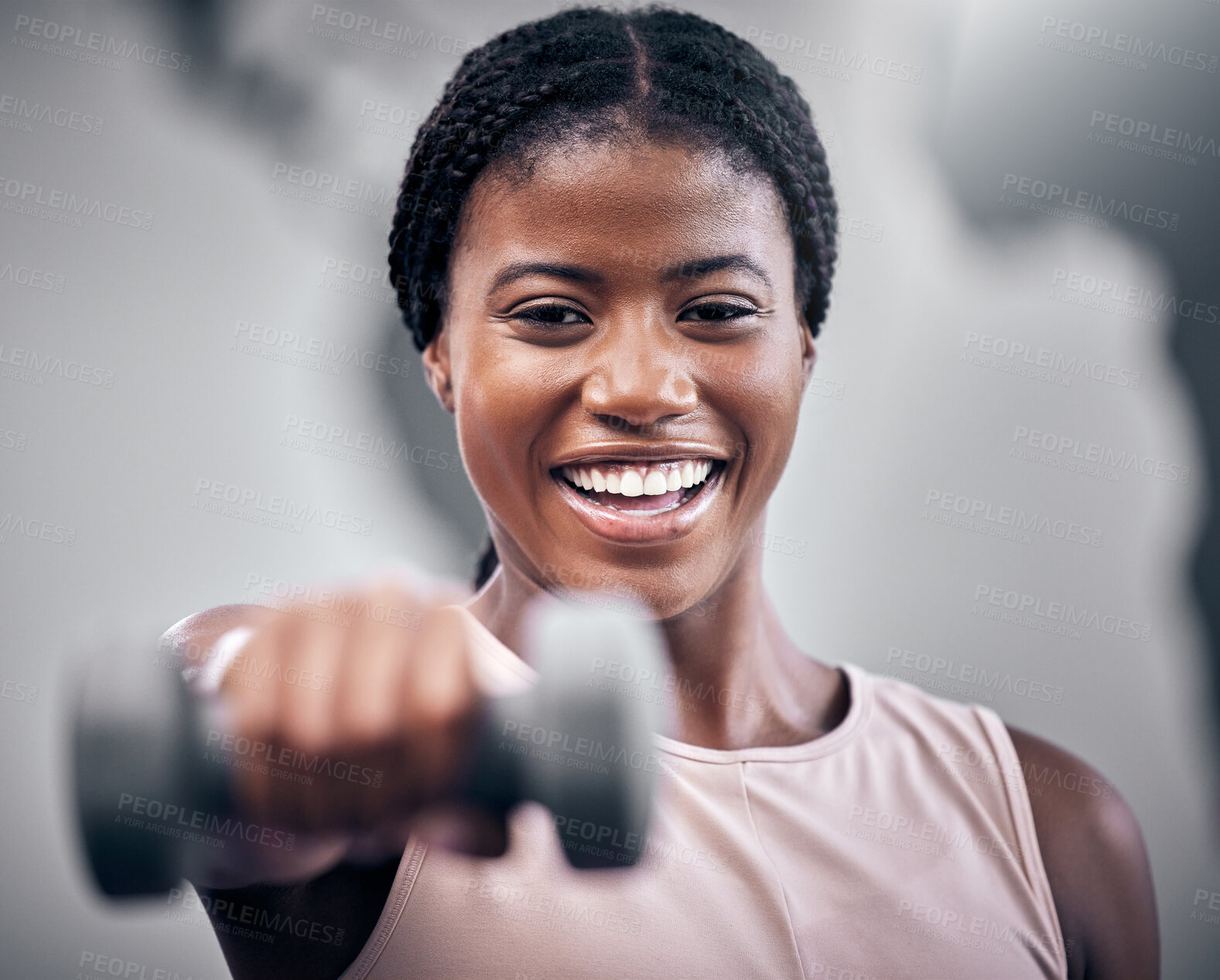 Buy stock photo Dumbbell, fitness and black woman in portrait for muscle, power and energy in wellness training mockup. Happy strong sports, athlete and gym girl or african in challenge exercise or workout headshot