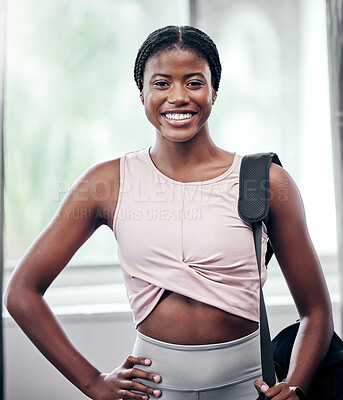 Buy stock photo Happy black woman, portrait and bag for gym, training or workout for health, self care and fitness. Woman, african and smile before training, exercise or wellness for self love with happiness on face