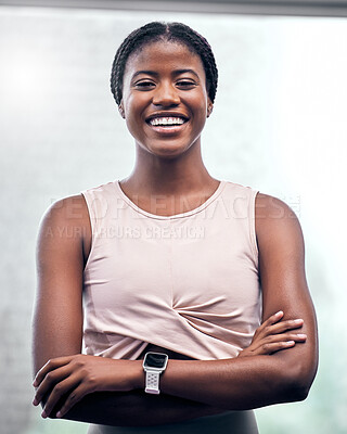 Buy stock photo Fitness, portrait or black woman for health with smile for workout motivation at gym for mindset, wellness or training. Sports, athlete or trainer girl for sport goal, vision or cardio goal success