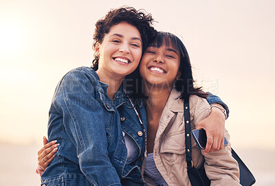 Buy stock photo Hug, bonding and women at the beach, travel smile and freedom in summer by the ocean. Relax, happy and portrait of friends hugging with affection during holiday quality time by the sea in nature