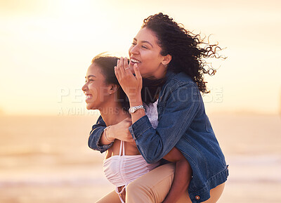 Buy stock photo Woman, friends and piggy back on beach for happy sunset travel vacation or summer holiday. Couple, friendship and relax quality time or playful bonding together on ocean sand for love or happiness