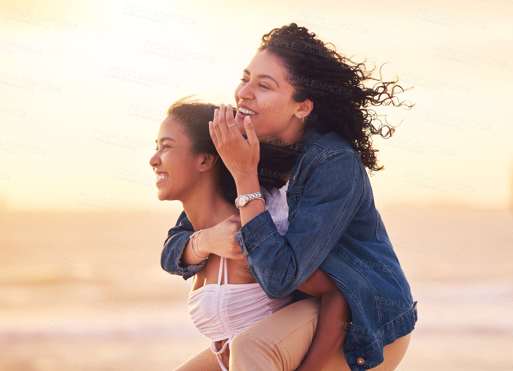 Buy stock photo Woman, friends and piggy back on beach for happy sunset travel vacation or summer holiday. Couple, friendship and relax quality time or playful bonding together on ocean sand for love or happiness