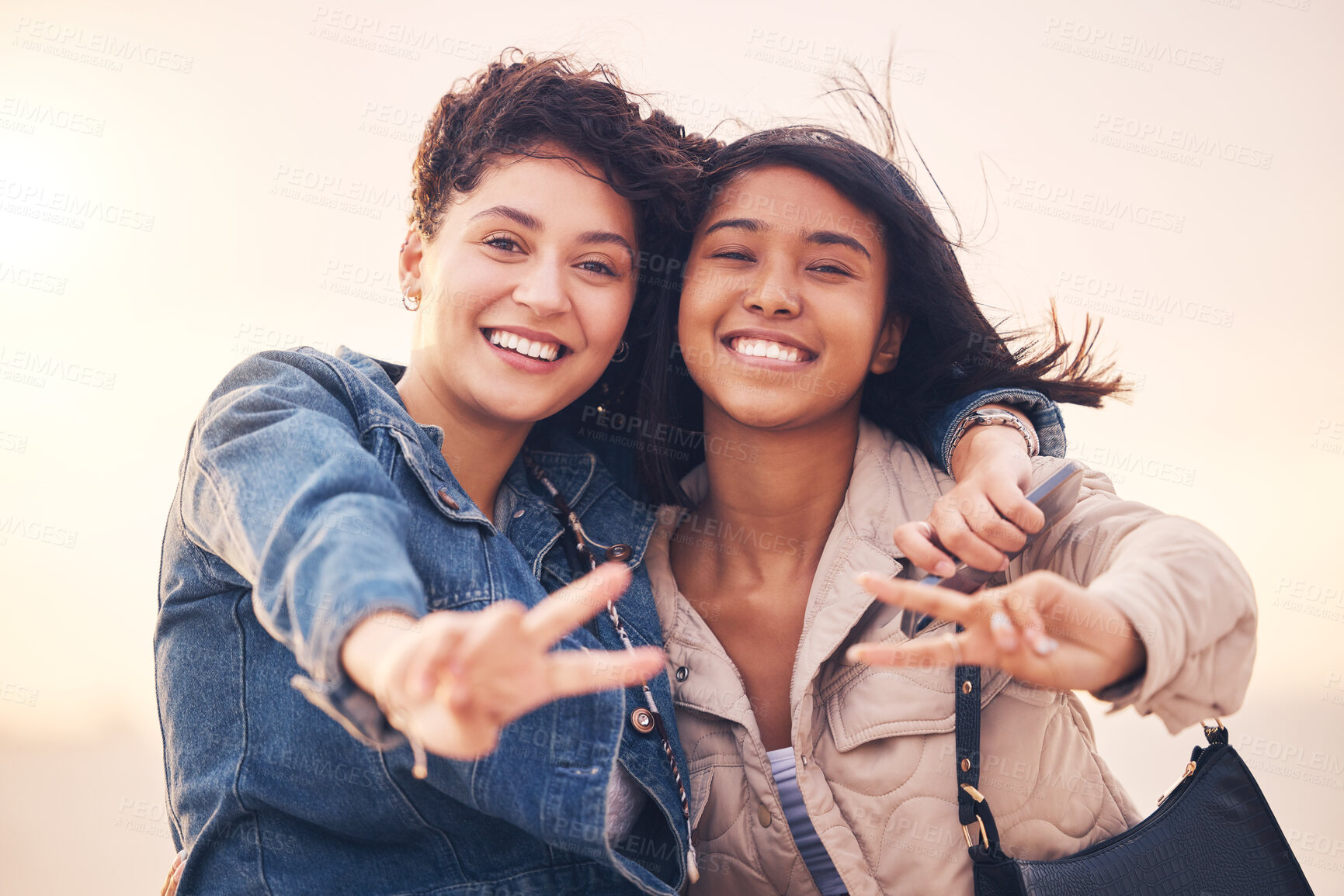 Buy stock photo Lgbtq, couple and peace sign portrait of interracial lesbian women together on travel adventure. Summer, friends and smile of people in miami on vacation with happiness, hug and freedom lifestyle