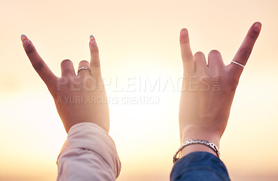 Buy stock photo Friends hand, rock and roll sign, freedom and sunset outdoor in summer, holiday or travel in nature. Women, partnership and friendship with hand icon or gesture outside, finger and travelling