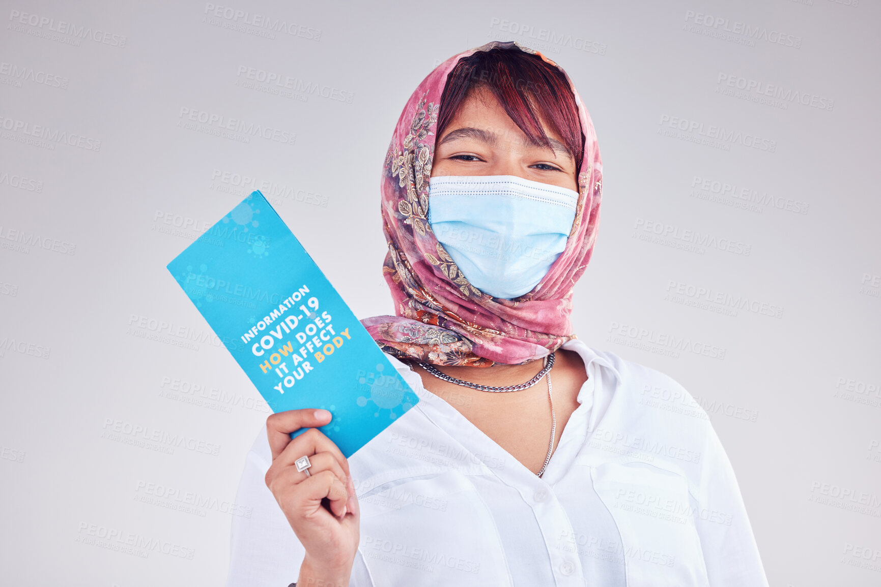 Buy stock photo Covid, Muslim woman and mask for vaccine card, protection and healthy for wellness, happy and on grey studio background. Islam lady, face cover and vaccination proof for travel, safety and corona.