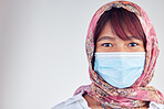 Muslim, covid and portrait of woman in hijab on gray studio background for coronavirus security compliance mockup. Covid 19 healthcare, islam and new normal virus safety for Islamic medical wellness 