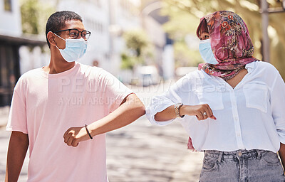 Buy stock photo Covid handshake, elbow greeting and friends welcome of people with a mask outdoor. Couple together with social distance welcome for city outing and fun in summer with friendship or romantic love