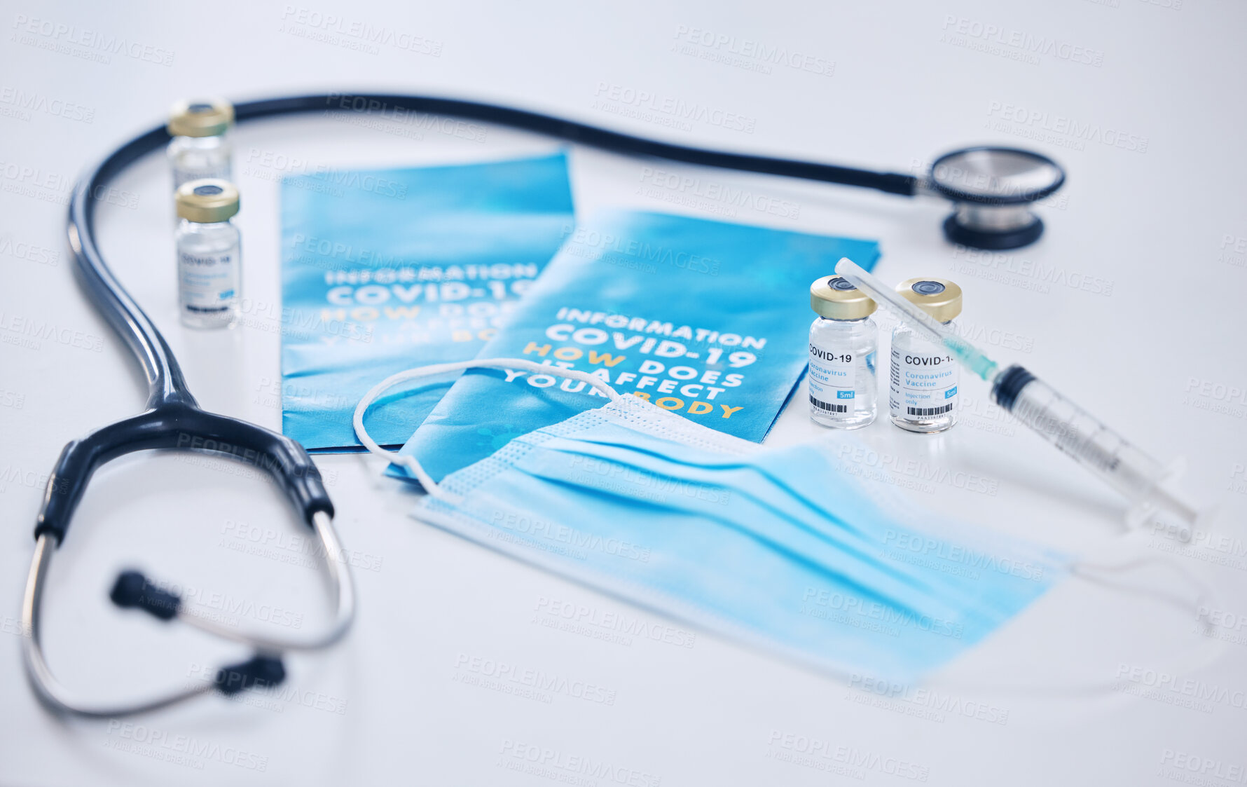 Buy stock photo Covid, face mask with vaccine and syringe, stethoscope and healthcare with medical and medicine. Covid 19 information flyer, health and safety with glass bottle and liquid for corona and health care.