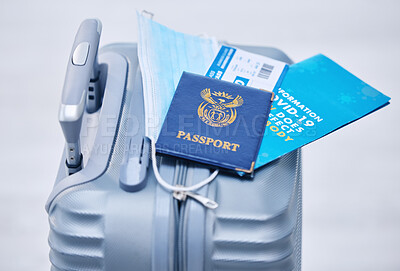 Buy stock photo Covid, passport and suitcase for travel compliance, policy and documents in global, airport or visa information background. Corona, virus or covid 19 brochure with identity document, visa and luggage