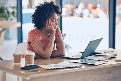 Buy stock photo Stress, tired and business black woman on laptop at desk thinking of email communication, marketing report and copywriting. Sad, depression and mental health problem of admin or office worker fatigue