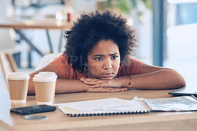 Buy stock photo Tired, lazy and frustrated black woman, business stress and burnout at office desk, workplace and fail. Angry, depression and bored employee, mental health and anxiety problem, fatigue and sad worker
