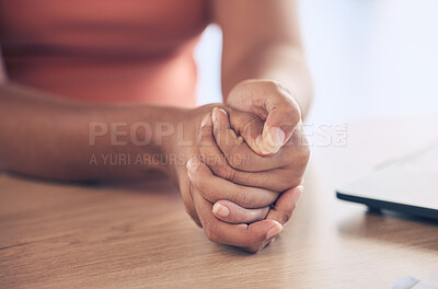 Buy stock photo Anxiety, stress and hands with worry on table in workplace for thinking, contemplation and making decision. Mental health, depression and stressed black woman employee with hand together on desk