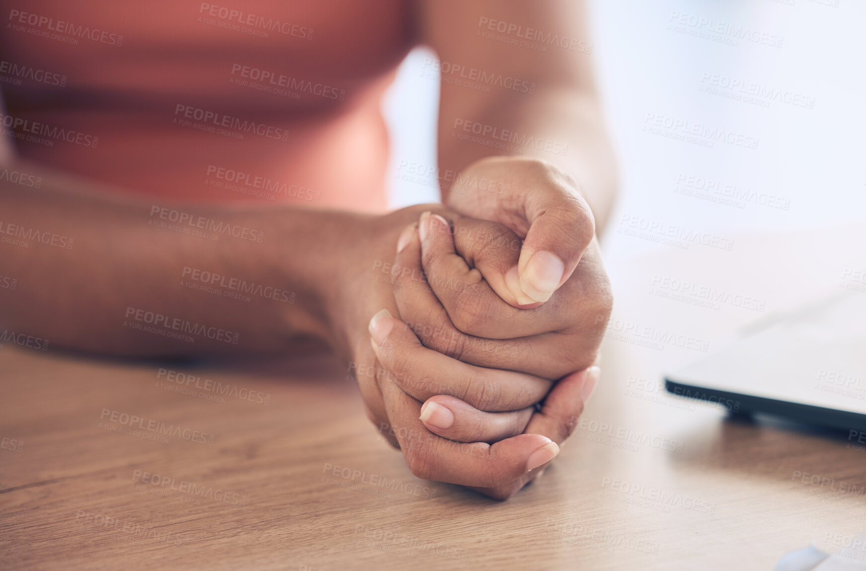 Buy stock photo Anxiety, stress and hands with worry on table in workplace for thinking, contemplation and making decision. Mental health, depression and stressed black woman employee with hand together on desk