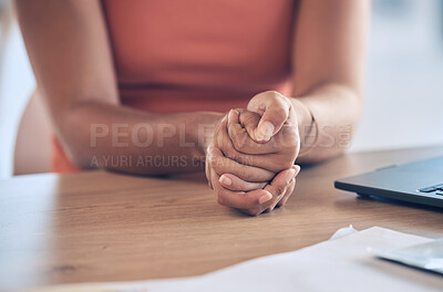 Buy stock photo Anxiety, depression and hands of black woman with stress, abuse trauma or secret domestic violence at a counseling table. Sad, scared or depressed young girl in pain or fear from rape or sexual abuse