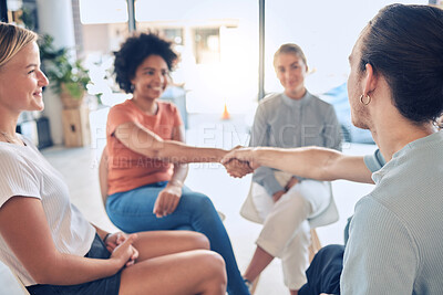 Buy stock photo Welcome, handshake and people in counseling for mental health, coping and stress management with support. Psychology, community and shaking hands by man and woman in group therapy with medical expert