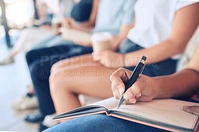 Buy stock photo Audience, writing notes and notebook for learning knowledge at conference, meeting or workshop for training and education in convention room. Closeup, woman hands and goals with group of people