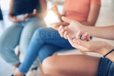 Buy stock photo Group, support and discussion with hands of women together on chairs for talking, conversation or debate for solution, problem or brainstorming. Body language of community people for communication