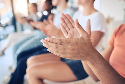 Buy stock photo Audience, applause and conference, crowd and workshop, training and motivation in convention room. Closeup, clapping hands and success, goals and support meeting, talk inspiration and community event