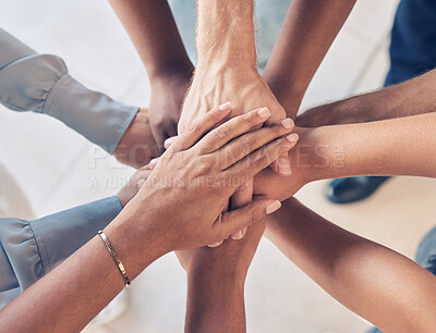 Buy stock photo Teamwork, hands together and team building of business people with support, collaboration or startup mission for company background. Hand stack sign, community and solidarity group in diversity above