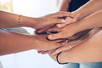 Community, support and trust hands zoom for mental health, empathy and solidarity friends. Respect, care and rehabilitation hand stack of people gathering together for unity closeup. 


