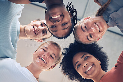 Buy stock photo Friends, selfie and low angle portrait of worker, corporate and diversity group with a smile. Happy circle, solidarity and work community of company employee face ready for working and teamwork