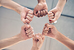 Motivation, teamwork group or collaboration fist bump for trust, goal and success support below. Zoom workers hands, team building and growth commitment mission, winner vision or solidarity together
